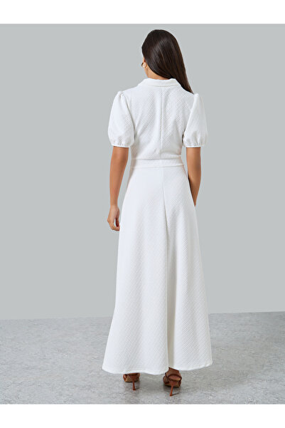 Styli White Textured Maxi Dress with Puff Sleeves