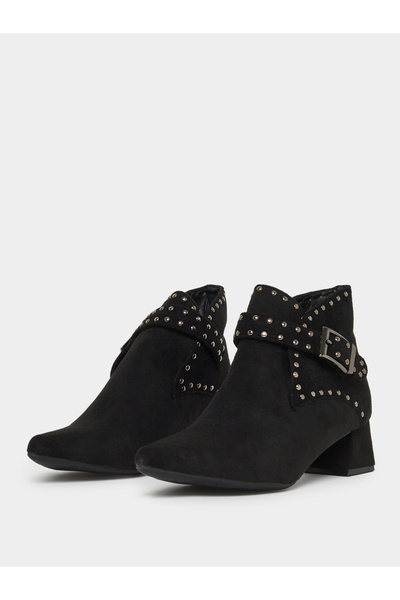 Styli Black Studded Buckle Ankle Boots