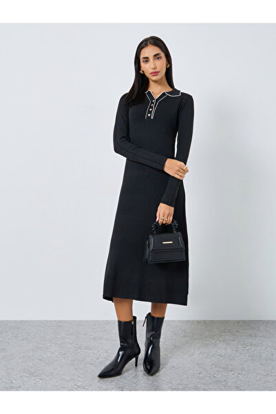 Styli Black Long Sleeves Sweater Midi Dress