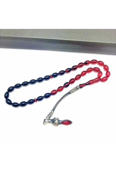 KANUNİ TESBİH Rozariu din chihlimbar roșu, negru, moaré, special Kazaz, cu ciucuri
