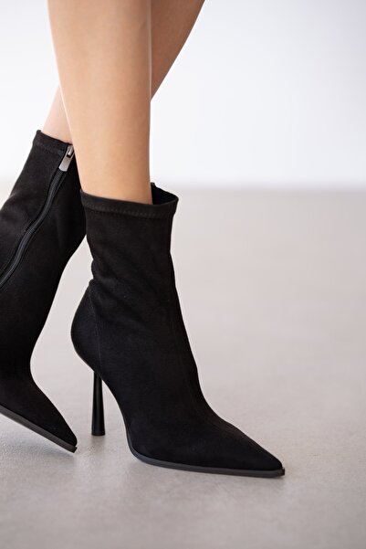 selin shoes Loran İnce Topuklu Sivri Burun Streç Kadın Bot- SİYAH SÜET