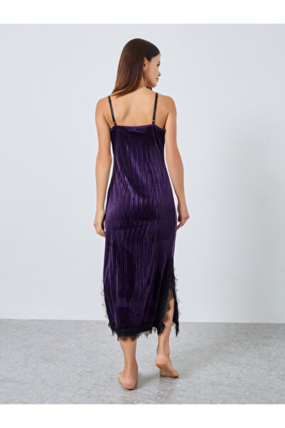 Styli Stripe Textured Velvet Lace Trim Slip Dress