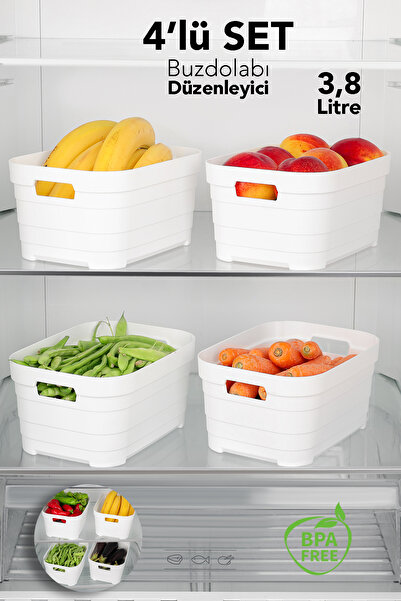 Meleni Home Organizator pentru frigider, 4 bucăți, 3800 ml - Organizator multifuncțional pentru bucătărie, baie, dulap decorativ, alb