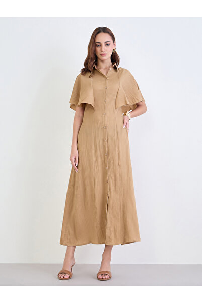 Styli Brown Textured Shirt Maxi Dress