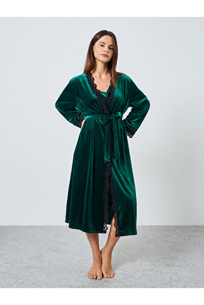 Styli Pack of 2 - Velvet Contrast Strap Slip Dress and Lace Trim Robe