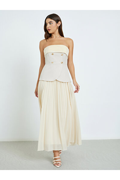 Styli Beige Bandeau Neck Pleated Maxi Dress