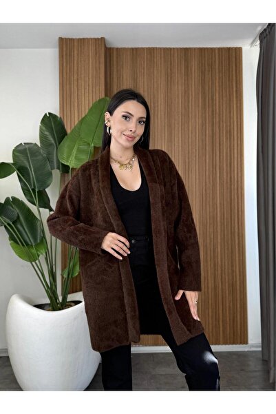 MİR Piedra Women Shawl Collar Oversized Comfortable Fit Soft Texture Bearded Cardigan