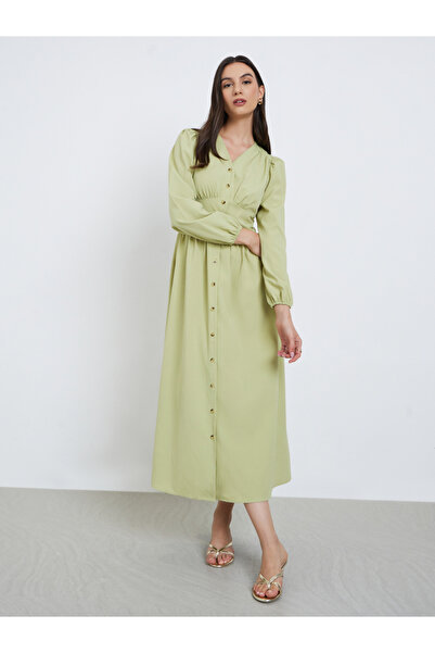 Styli Green A-Line Midi Dress with Long Sleeves