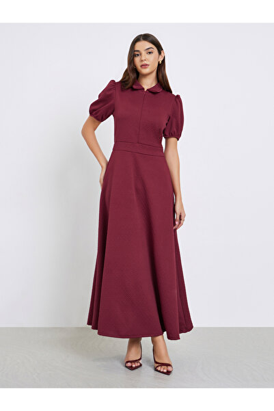 Styli Burgundy Textured Maxi Dress with Puff Sleeves