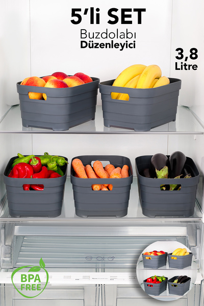 Meleni Home Organizator frigider 5 bucăți 3800 ml - Organizator multifuncțional decorativ pentru bucătărie, baie, în dulap, antracit