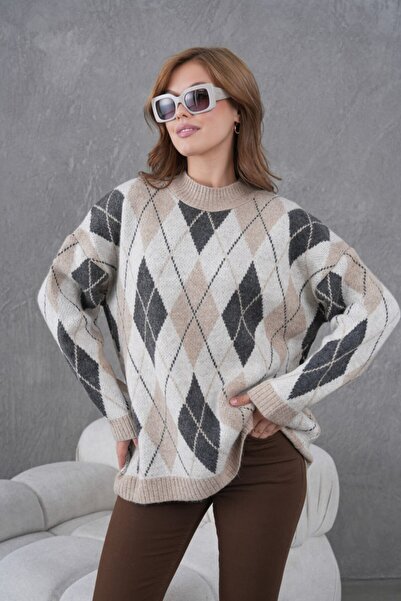 Miss Allos Women's Crew Neck Diamond Pattern Long Sleeve Knit Sweater
