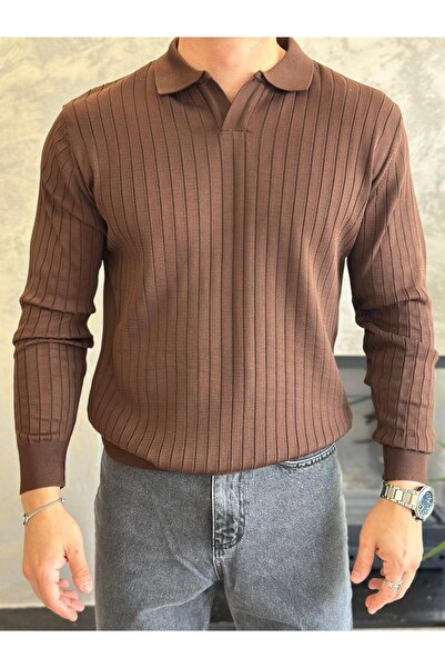 ECARTS Men's Regular Fit Polo Neck Corded Fabric Knitwear Sweater Bitter Brow...