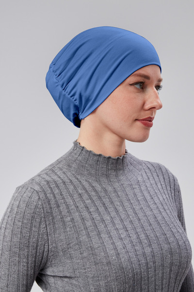 Sonbaharmoda Women's Hijab Ready-To-Wear Practical Snap-On Bonnet Elastic Non-Slip Denim Color