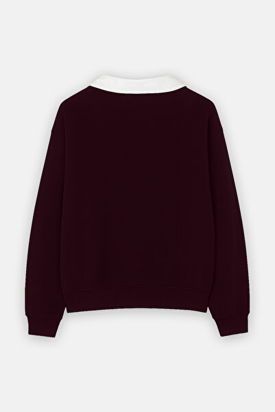 Amia&Co. 100% Cotton Burgundy Shirt Collar Fleece-Lined Oversized Sweatshirt