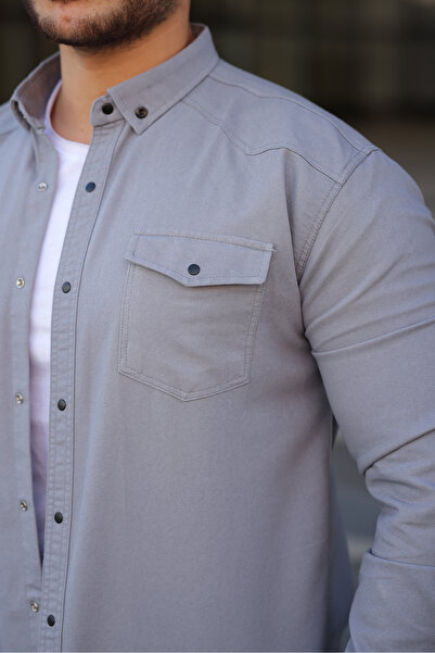 comstar Men's Slim Fit Pocket Basic Long Sleeve Gray Denim Shirt