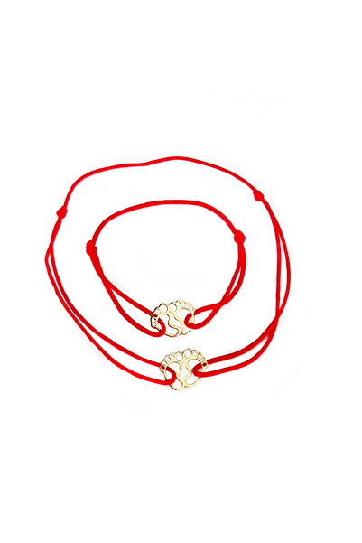Wild Bracelets Set of 2 14k gold bracelets, Mother and Baby with footed charms, adjustable from red silk cord.
