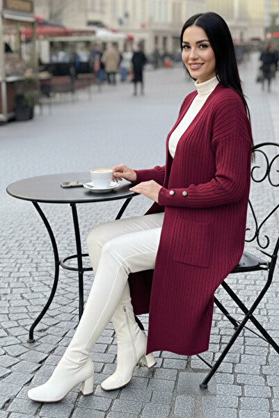 benguen Corded Fabric Knitwear Cardigan with Handle Buttons R7146 Claret Red