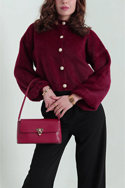 MİR Piedra Women's Pearl Button Crew Neck Balloon Sleeve Soft Texture Soft Bearded Cardigan