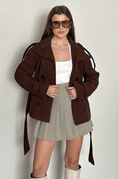 gm giyimarket Women's Belted Pocketed Waist-Tied Mock Neck Cashmere Coat