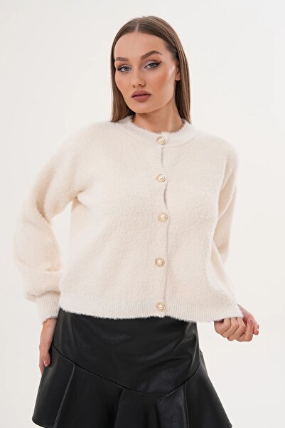 MİR Piedra Women's Pearl Button Crew Neck Balloon Sleeve Soft Texture Soft Bearded Cardigan