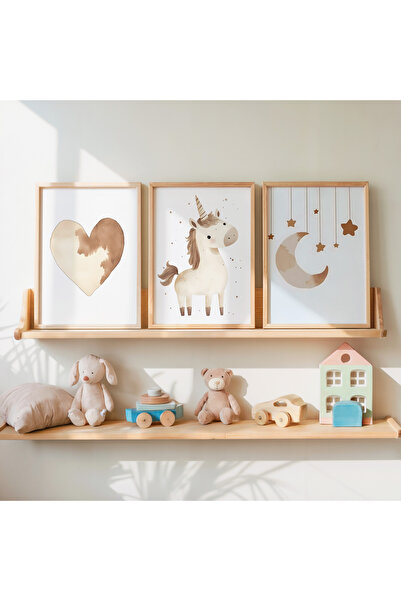 İkona Design Studio Çocuk Odası Unicorn Bej Ahşap Çerçeveli 3'lü Poster Tablo...