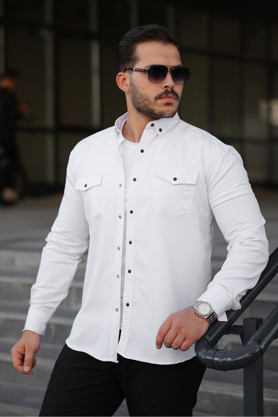 comstar Чоловіча сорочка Slim Fit з кишенями, довгими рукавами, біла джинсова сорочка