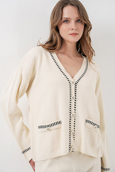 Bigdart Women's Embroidered Knitwear Cardigan Trousers Two-Piece Set 15963 - Ecru