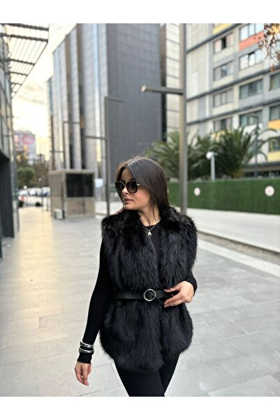 AYKA WEAR Belted Faux Black Fur Vest