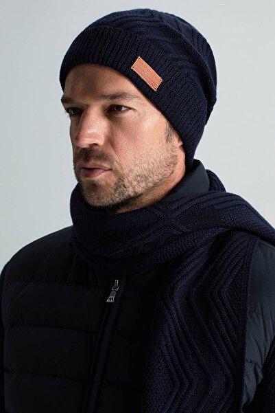 Hemington Merino Yün Kaşmir Karışım Desenli Lacivert Bere