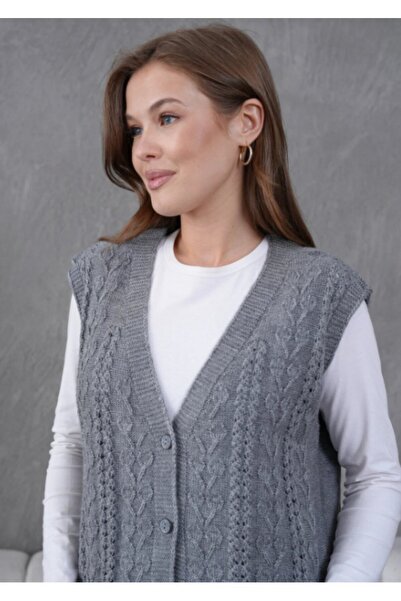 Fresh&Moda Women's Knitwear Lace-Like Knit Wool Vest with Pocket Detail