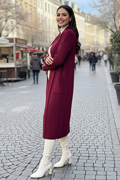 benguen Corded Fabric Knitwear Cardigan with Handle Buttons R7146 Claret Red