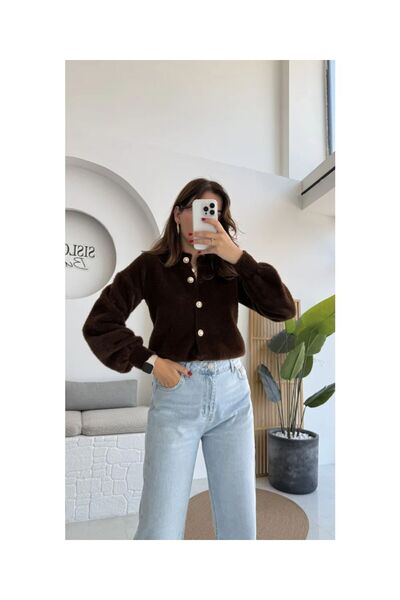 MİR Piedra Women's Pearl Button Crew Neck Balloon Sleeve Soft Texture Soft Bearded Cardigan