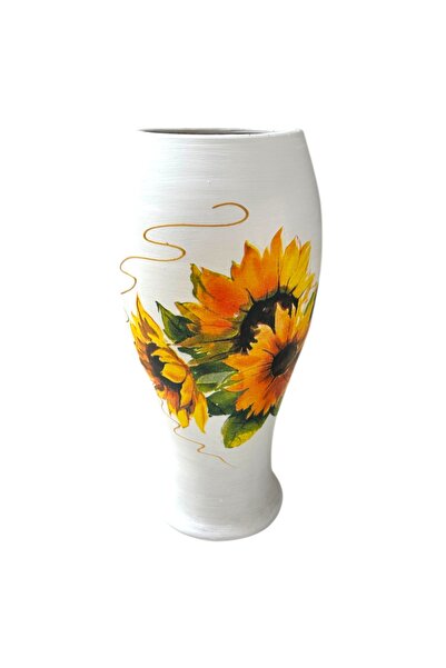 Ceramica Martinescu Vaza ceramica alba cu floarea-soarelui si detalii aurii, ...