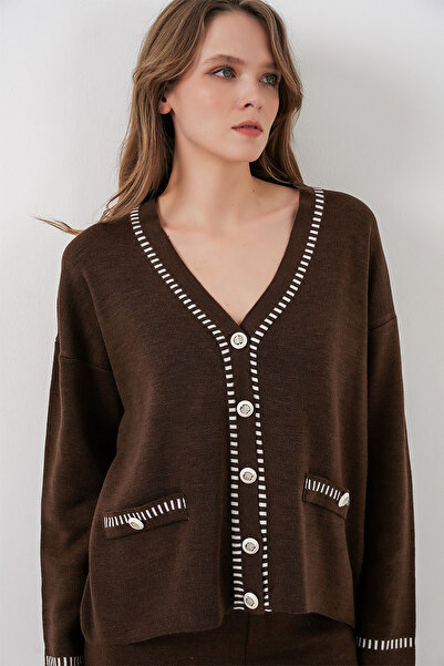 Bigdart Women's Embroidered Knitwear Cardigan Pants Two-Piece Set 15963 - Brown