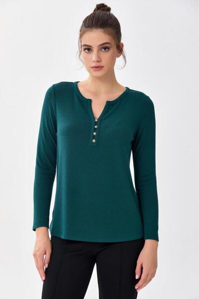 İKİLER Hakim Yaka Önü Düğmeli Uzun Kol Bluz 256-1013