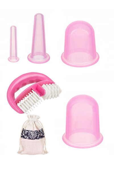 zola Complete set of suction cups and anti-cellulite massage roller, 5 pieces, storage bag, Pink