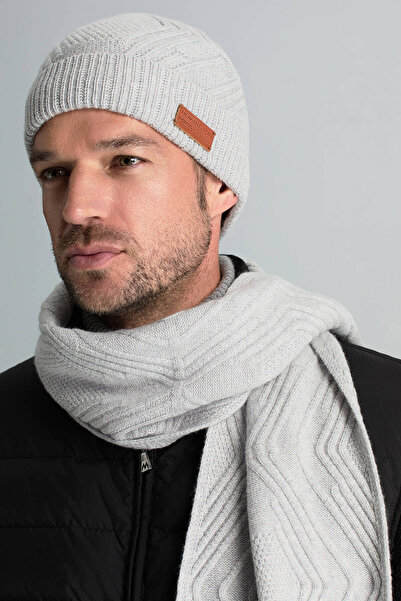 Hemington Merino Yün Kaşmir Karışım Desenli Açık Gri Bere