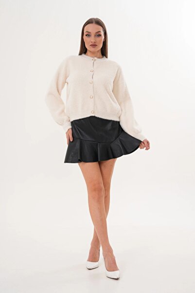 MİR Piedra Women's Pearl Button Crew Neck Balloon Sleeve Soft Texture Soft Bearded Cardigan