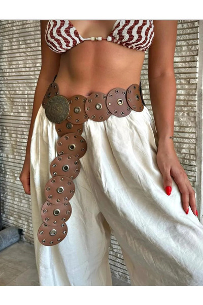 UCCELLO حزام نسائي مزخرف بحلقة معدنية من الجلد الصناعي البوهيمي - مشبك ذهبي ع...