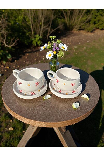 seramiker Kırmızı Kurdale Papatya Tabaklı Kupa Bardak (2 adet)