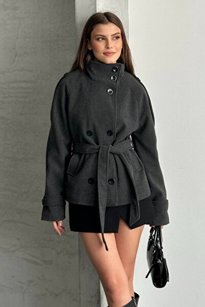 gm giyimarket Women's Belted Pocketed Waist-Tied Mock Neck Cashmere Coat