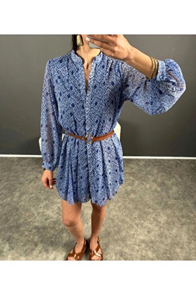 YILMAZ Mavi desenli kemerli şifon elbise gömlek