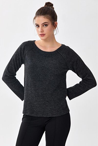 İKİLER Yuvarlak Yaka Deri Biye Detaylı Uzun Kol Triko Bluz 256-1712