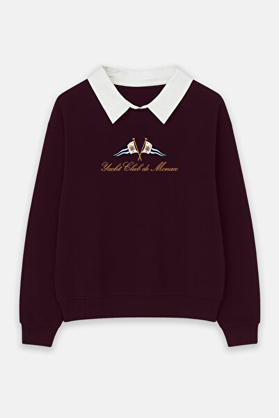 Amia&Co. 100% Cotton Burgundy Shirt Collar Fleece-Lined Oversized Sweatshirt