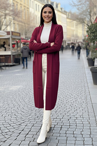 benguen Corded Fabric Knitwear Cardigan with Handle Buttons R7146 Claret Red