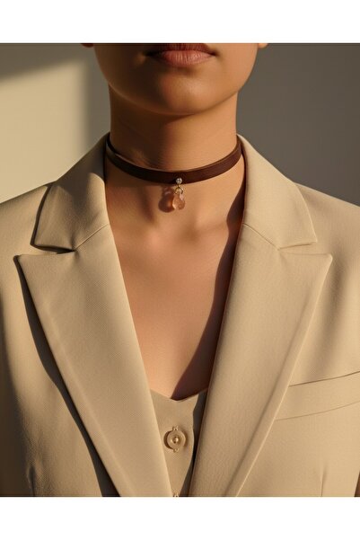 Süspüs Accessories 925 Ayar Bal Rengi Damla Taş Sallantılı, Deri Choker Kolye