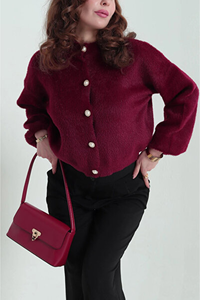 MİR Piedra Women's Pearl Button Crew Neck Balloon Sleeve Soft Texture Soft Bearded Cardigan