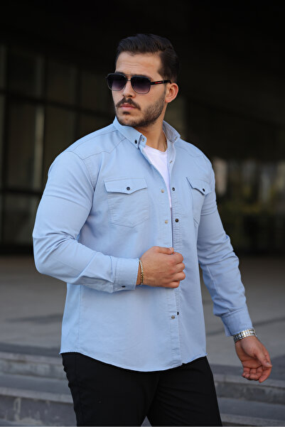 comstar Men's Slim Fit Pocket Basic Long Sleeve B.Blue Denim Shirt