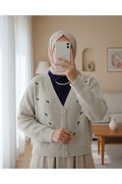 Modamorfo Embroidered Three Button Waist Length Cardigan - Stone