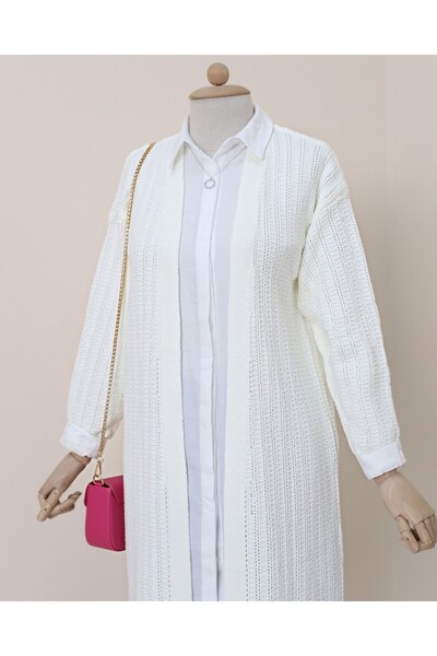 Modamorfo Slit Knitted Pattern Long Cardigan -White